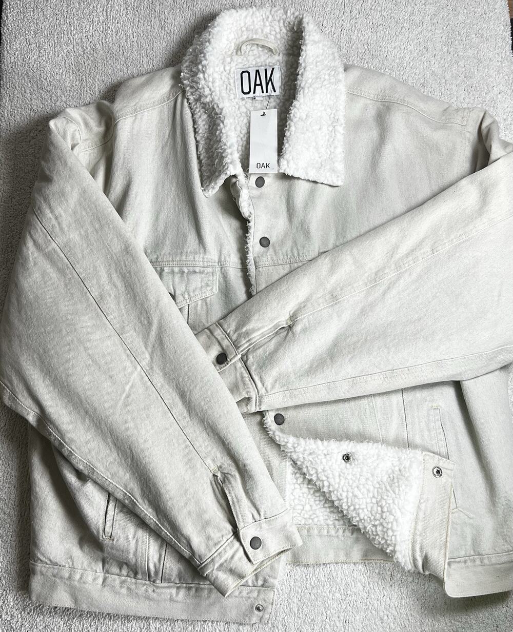 OAK Monroe Bomber Jacket Mens L Washed Denim Sherpa Heavyweight trucker‎ relaxed